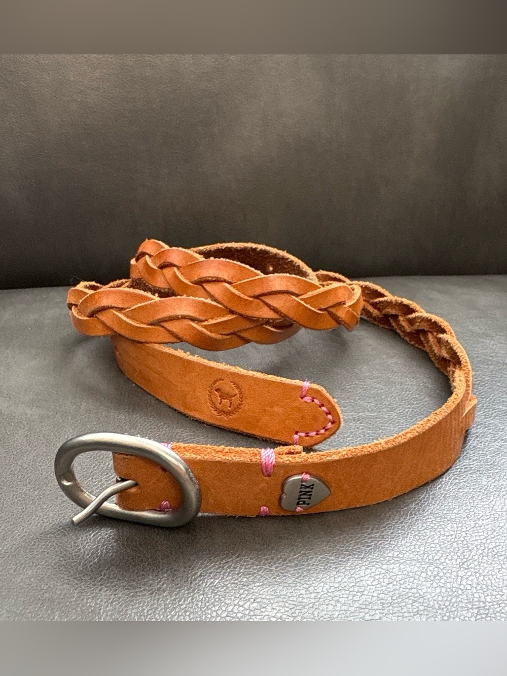 PINK Victoria's Secret Braided Tan Leather Belt with Pink Stitching